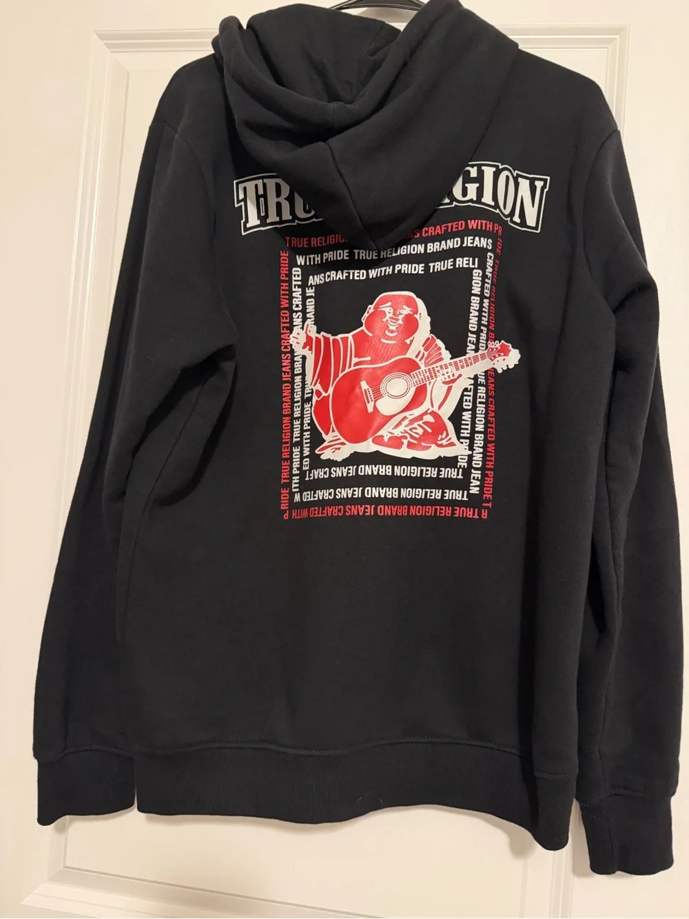 True Religion Black Zip Hoodie with Red Guitar Logo